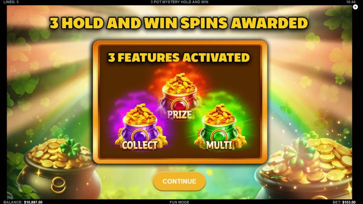 Interface do jogo de slot 3 Pot Mystery Hold and Win com símbolos de ouro e potes
