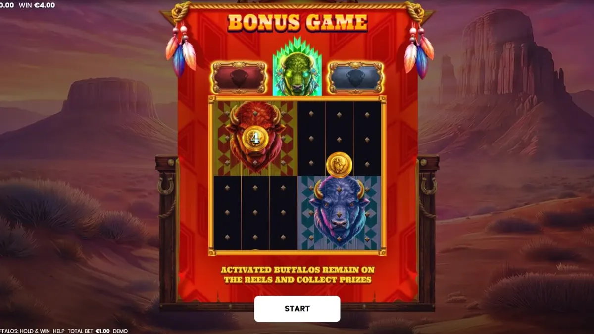 Interface do jogo 3 Blazing Buffalos: Hold & Win com elementos neon e búfalos